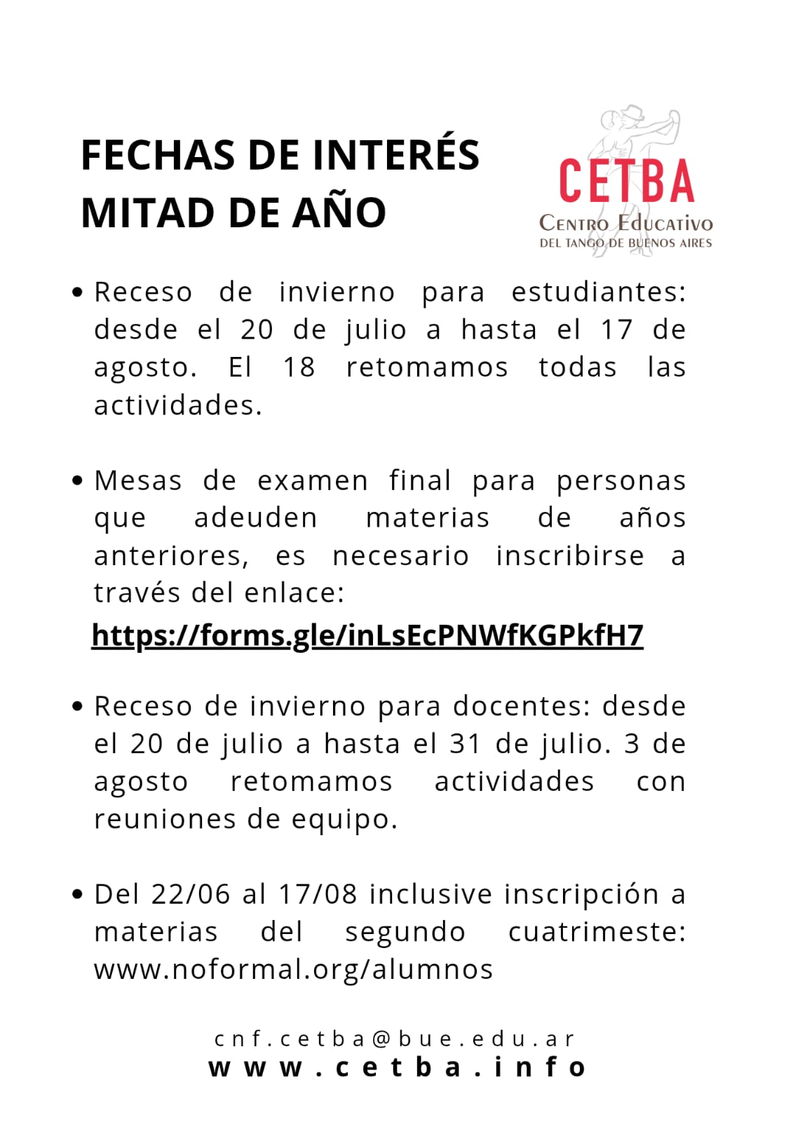 Fechas agenda educativa Cetba